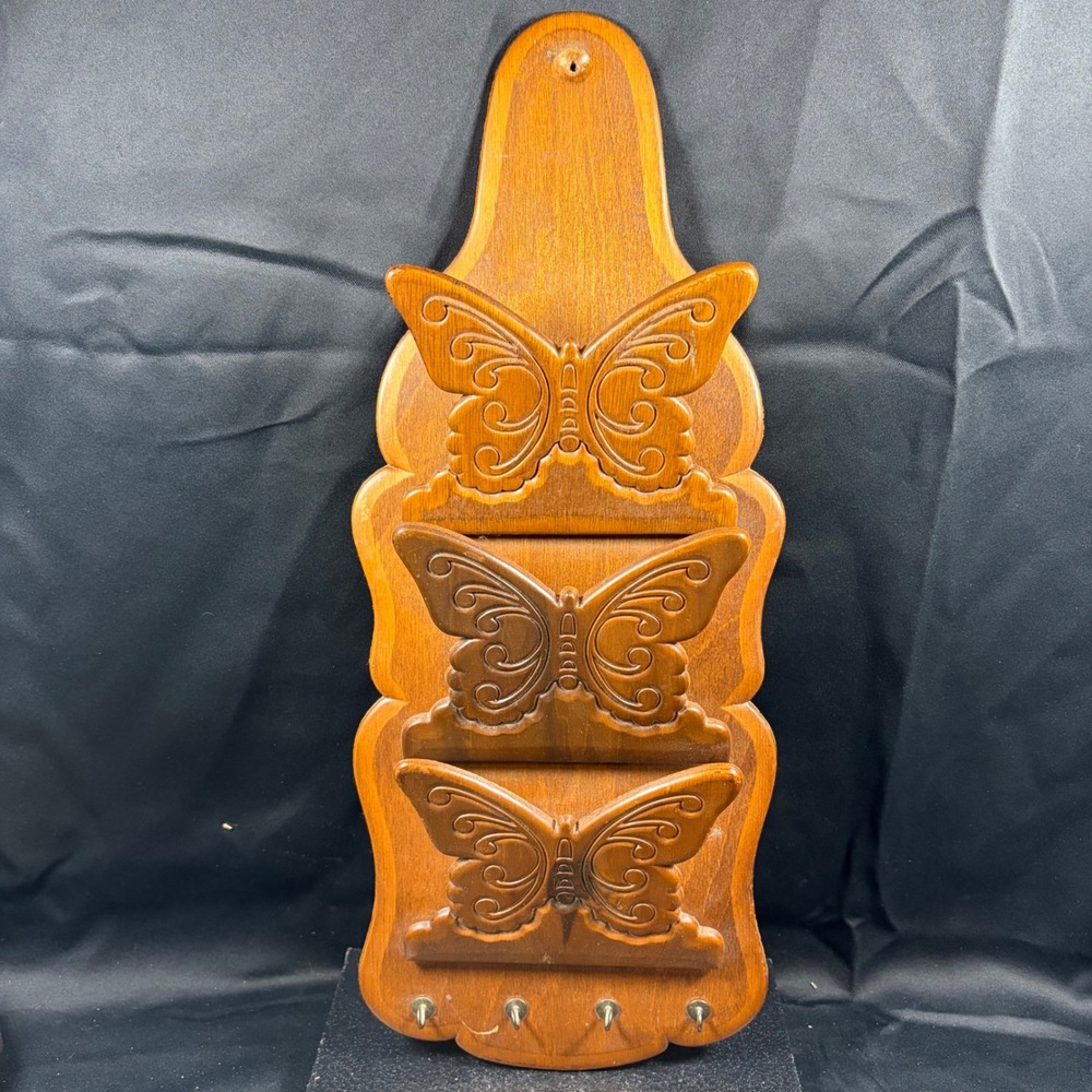 Vintage Wood Butterfly Mail Organizer Wall Letter Rack Key Holder 19 Inch